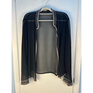 VTG Midnight Velvet Cardigan XL Sheer Black Beaded Elegant Cocktail Party Formal
